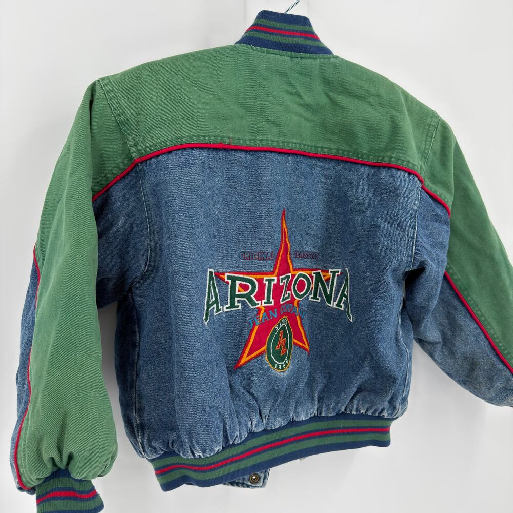 Arizona Varsity Bomber Jacket 90s Vintage Kids Size S 7-8 Blue Green Denim Star